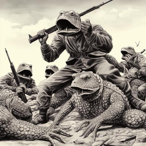 six frog soldiers with german ww2 uniforms fighting with frog soldier with french ww2 uniform, on battle field, gigantic snake with sharp teeth and empty flag, muddy and smoking warfield, black and white comics strip no text