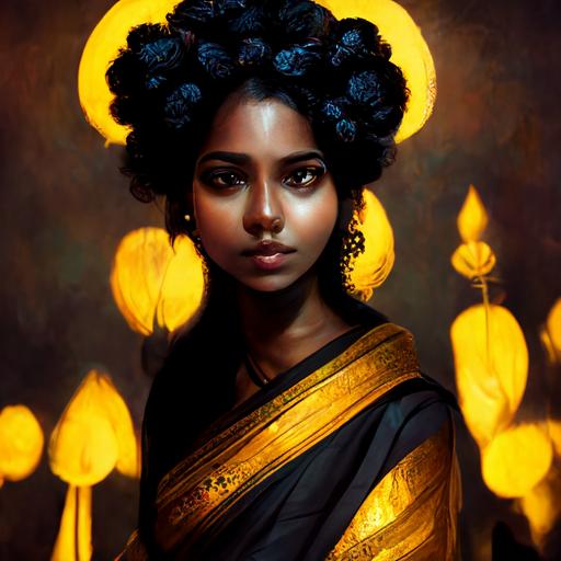 six tall cover all black gods taking their first step on earth, detaile doil painting, stunning,illustration, Beautiful Black girl, big eyes,blue Kerala silk saree pattern clothing,portrait, shining golden flowers in her hair, enchanting volumetric lighting, rembrandt lighting, bokeh, intricate detail, perfect features 8K in the evening sunshine