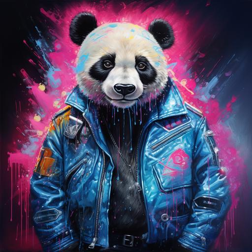 A black canvas with a neon flowing coloured Panda, wearing a light blue leather jacket with Crystals used to brighten the areas of light.
