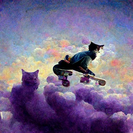 skateboarder in clouds with cats and purple pills, photorealistic, grainy