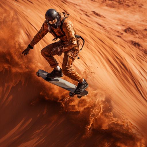 skateboarder jumping over a red river on the mars