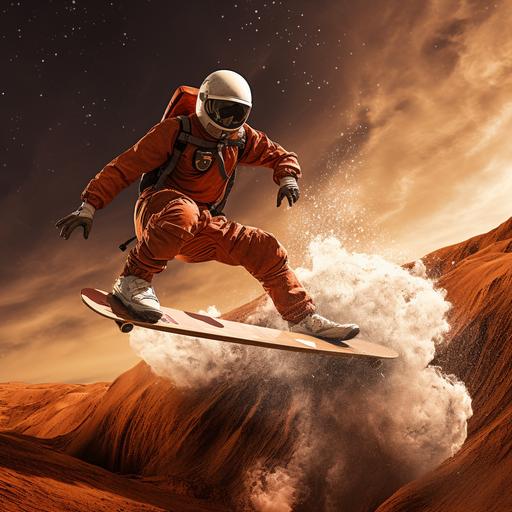 skateboarder jumping over a red river on the mars
