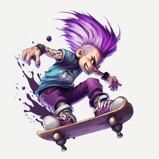 skater purple onion jumping with his skateboard with one hand holding the skate and with the other hand pouring bright oil on the skate, punk skater style, purple hair, realistic cartoon, bottom view of skateboard with realistic wheels, on white background
