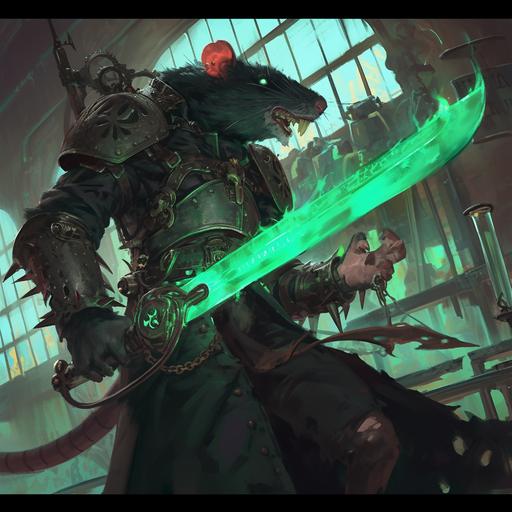 skaven ratman holding a glowing green steampunk sword, black fur with many scars, large red gladiator helmet, wwii veterans clothing , snarling expression , 1800s parlor background --s 250 --niji 6