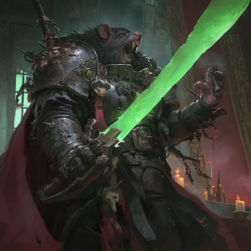 skaven warhammer ratman holding a glowing green steampunk sword, black fur with many scars, large red gladiator helmet, wwii veterans clothing , snarling expression , 1800s parlor background --s 250 --niji 6