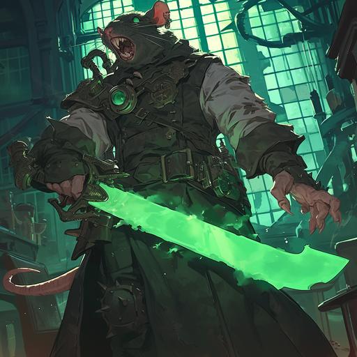 skaven warhammer ratman holding a glowing green steampunk sword, black fur with many scars, large red gladiator helmet, wwii veterans clothing , snarling expression , 1800s parlor background --s 250 --niji 6