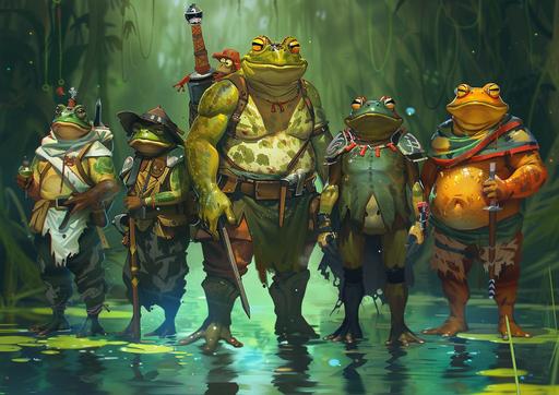 Role-playing game set in the world of frogs, characters line up, whimsical watercolour concept art, the tough bulky Goliath bullfrog Conraua goliath is a frog knight barbarian warrior, a dainty and artistic Coquí frog (Eleutherodactylus coqui) is a bard, a mesmerizing Futurama Hypnotoad is a warlock with enormous, oscillating, multicolored hypnotic eyes emitting a constant, droning hum,glowing perpetually, the Hypnotoad boasts an ample and imposing physique, The golden poison frog (Phyllobates terribilis) is a cunning deadly thief/rogue/assassin. Characters are drawn with exaggerated features, emphasizing their unique traits. Lush mossy and swampy green otherworldly backdrop with subtle bioluminescence, magic, fantasy, mahwrinskel --ar 7:5