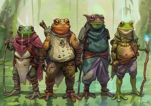 Role-playing game set in the world of frogs, characters line up, whimsical watercolour concept art, the tough bulky Goliath bullfrog Conraua goliath is a frog knight barbarian warrior, a dainty and artistic Coquí frog (Eleutherodactylus coqui) is a bard, a mesmerizing Futurama Hypnotoad is a warlock with enormous, oscillating, multicolored hypnotic eyes emitting a constant, droning hum,glowing perpetually, the Hypnotoad boasts an ample and imposing physique, The golden poison frog (Phyllobates terribilis) is a cunning deadly thief/rogue/assassin. Characters are drawn with exaggerated features, emphasizing their unique traits. Lush mossy and swampy green otherworldly backdrop with subtle bioluminescence, magic, fantasy, mahwrinskel --ar 7:5 --v 6.0