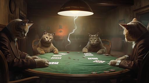 with an unreasonable amount of cats playing poker, cramped, seedy underground den, low ceilings, dingy overhead lamps, casting elongated shadows across the green felt of the poker table, tense, electric mood, dominant colors are deep burgundy and forest green. The poker table dominates the center of the room, it's covered in a worn, velvety green fabric, with frayed edges, coffee stains and cigarette burns. Cats wear muted tones, dark suits, faded denim, worn leather jackets. Their hard and rough british faces are bathed in the warm glow of the table lamp. soft, diffused light from the lamps casts a warm halo around the players’ heads. It highlights the sheen of sweat on their brows and the glint in their eyes. The light catches the smoke spiraling upward, creating an ethereal effect. The air is thick with tobacco, whisky, and desperation, contemporary, 90s, 1990s, nineties, guy ritchie, cinematic, realistic, photo, movie still, --no people --ar 16:9 --v 6.0