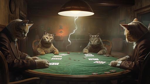 with an unreasonable amount of cats playing poker, cramped, seedy underground den, low ceilings, dingy overhead lamps, casting elongated shadows across the green felt of the poker table, tense, electric mood, dominant colors are deep burgundy and forest green. The poker table dominates the center of the room, it's covered in a worn, velvety green fabric, with frayed edges, coffee stains and cigarette burns. Cats wear muted tones, dark suits, faded denim, worn leather jackets. Their hard and rough british faces are bathed in the warm glow of the table lamp. soft, diffused light from the lamps casts a warm halo around the players’ heads. It highlights the sheen of sweat on their brows and the glint in their eyes. The light catches the smoke spiraling upward, creating an ethereal effect. The air is thick with tobacco, whisky, and desperation, contemporary, 90s, 1990s, nineties, guy ritchie, cinematic, realistic, photo, movie still, --no people --ar 16:9