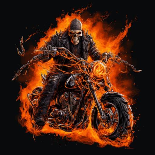 skeleton biker motorcycle burnout devil thorns orange black leather chains firefighter road flames