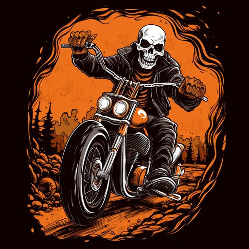 skeleton cartoon biker black and white and orange riding harley davidson motorcycle