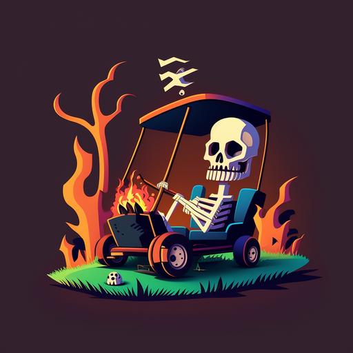 skeleton cartoon driving golf cart on grass speeding fire contrasting colors