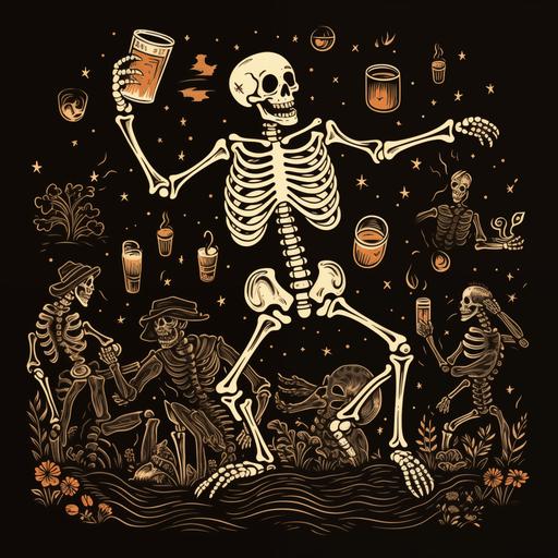 skeleton dancing and drinking illustration