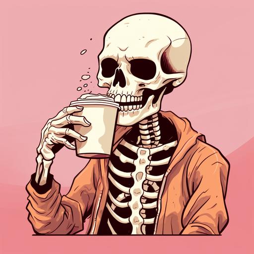 skeleton drinking coffee cartoon linework colors