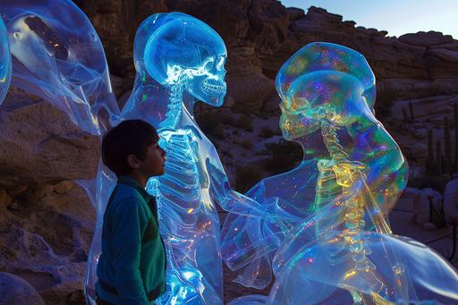 skeleton figures, skeleton xray bone kids, blue glow backlit, desert canyon landscape at dusk, moody dark surrealist symbolism 1980’s pretty girl teenager and young boy has abstract translucent colorful amphibian jelly network of tubes surrounding them tubular translucent glass, colorful palette with blue cyan green gold purple, in a desert canyon landscape with rocks --ar 3:2 --v 6.0