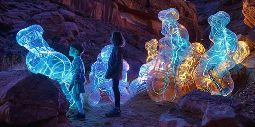 skeleton figures, skeleton xray bone kids, blue glow backlit, desert canyon landscape at dusk, moody dark surrealist symbolism 1980’s pretty girl teenager and young boy has abstract translucent colorful amphibian jelly network of tubes surrounding them tubular translucent glass, colorful palette with blue cyan green gold purple, in a desert canyon landscape with rocks --ar 2:1 --v 6.0