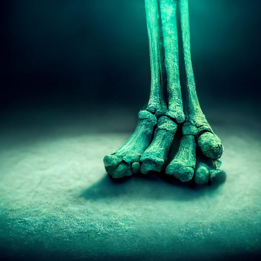 skeleton foot on the cosy background, blue and green, 4k, ultra realistic