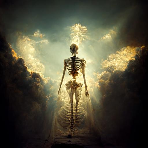 skeleton, heaven, back view, light, high resolution, resurrected
