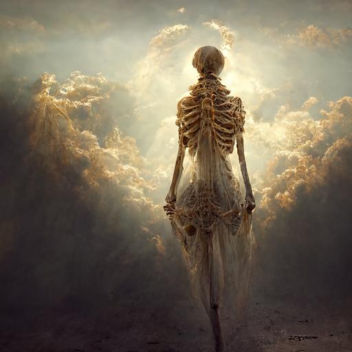 skeleton, heaven,  back view, light, high resolution, resurrected