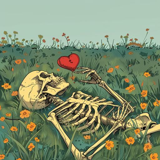 skeleton lying in a beautiful grassy field with a broken heart in hand, cartoon,