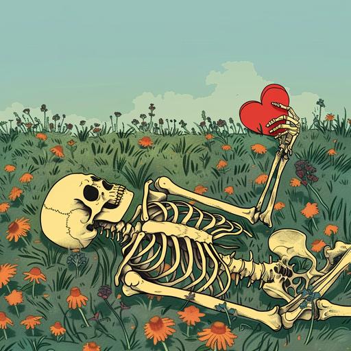 skeleton lying in a beautiful grassy field with a broken heart in hand, cartoon,