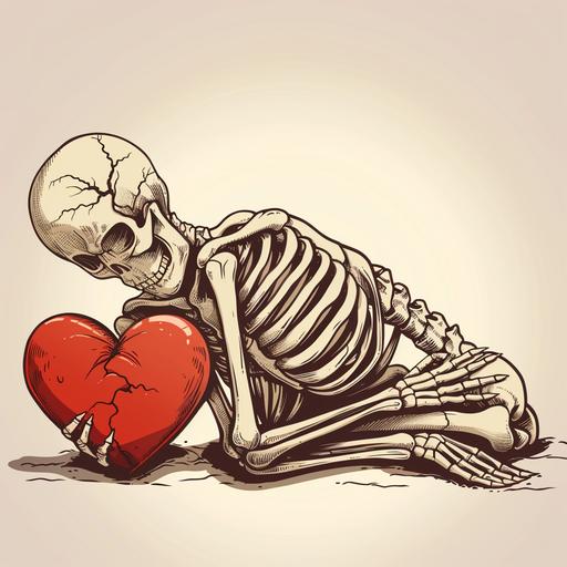 skeleton lying on its back with a broken heart in hand, cartoon, sad