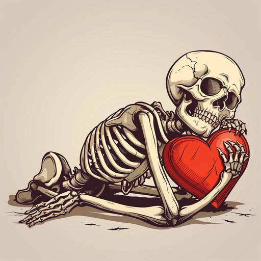 skeleton lying on its back with a broken heart in hand, cartoon, sad