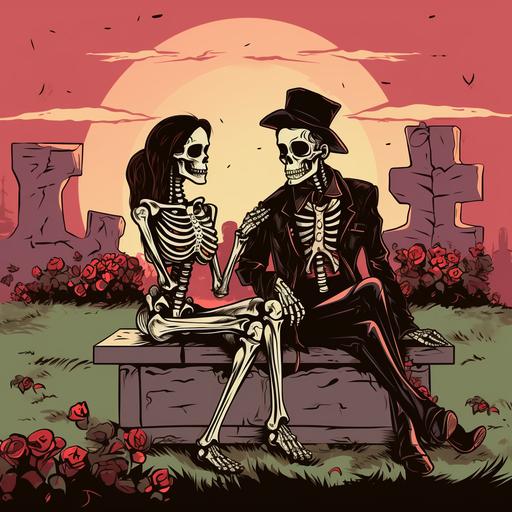 skeleton man and skeleton woman sitting on a gravestone futurstic cartoon