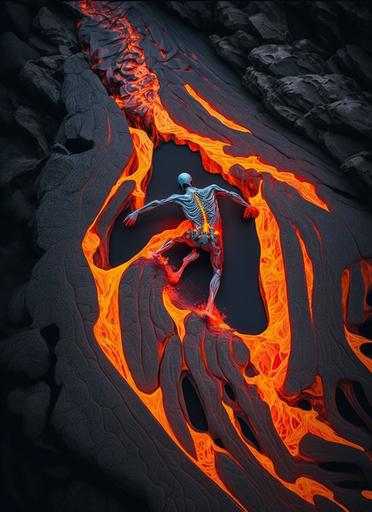 skeleton surfing into lava flow | national geographic Photography with Canon EOS, Nikon D850, Sony Alpha, sony world photography awards. HQ, 64 megapixel, centered design, beautiful bright colors, CENTERED DESIGN with margin --ar 5:7