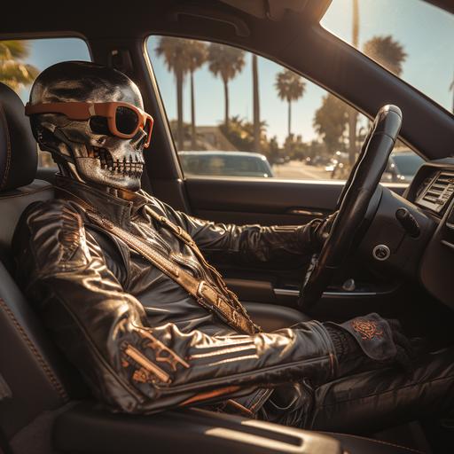 skeleton wear sunglasses in the right-hand side drivers seat of a black and gold 1983 Trans Am with an open t-top speeding down the pacific coast highway, hands on the steering wheel, hot summer day, cinematic high-angle shot, 8k, palm trees and beach, --s 250