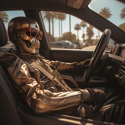 skeleton wear sunglasses in the right-hand side drivers seat of a black and gold 1983 Trans Am with an open t-top speeding down the pacific coast highway, hands on the steering wheel, hot summer day, cinematic high-angle shot, 8k, palm trees and beach, --s 250