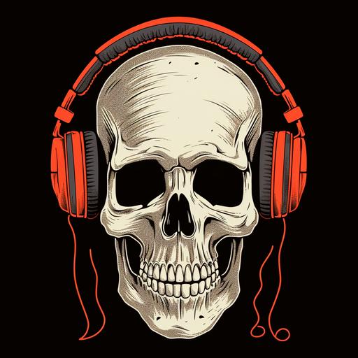 skeleton wearing headphones, t shirt graphic, style of Alan Fletcher