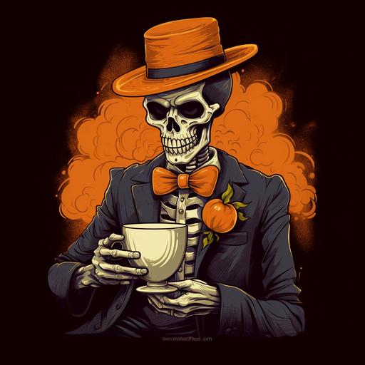 skeleton with orange bow on head and holding a steaming hot cup of coffee. Tshirt graphic hipster