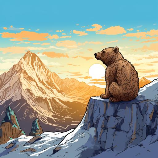 sketch cartoon style, a grizzly bear sits on a small ledge on a snowy mountain gazing out at the sun dipping beneath the jagged mountain horizon