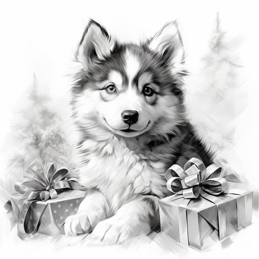 sketch drawing, black and white, blending painting, cute fluffy furry husky puppy looking up at christmas tree, with presents, playing with ribbon, white background, gaston brussiere --s 250