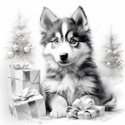sketch drawing, black and white, blending painting, cute fluffy furry husky puppy looking up at christmas tree, with presents, playing with ribbon, white background, gaston brussiere --s 250