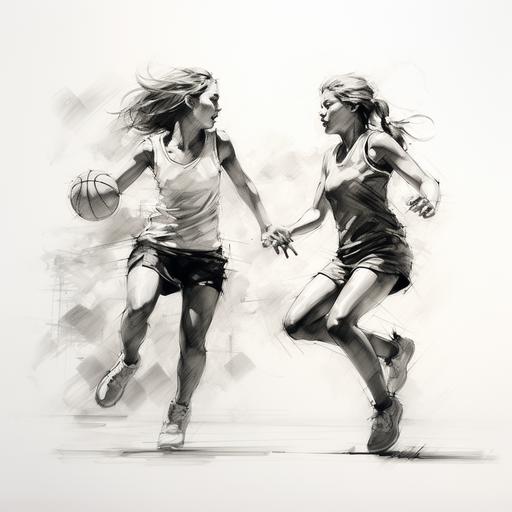 sketch of two teenage girls playing basketball, in black and white