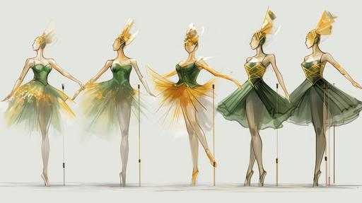 sketch up of modern and contemporary Christmas costumes ballerinas and green and gold soldiers, --ar 16:9