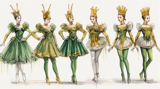 sketch up of modern and contemporary Christmas costumes ballerinas and green and gold soldiers, --ar 16:9