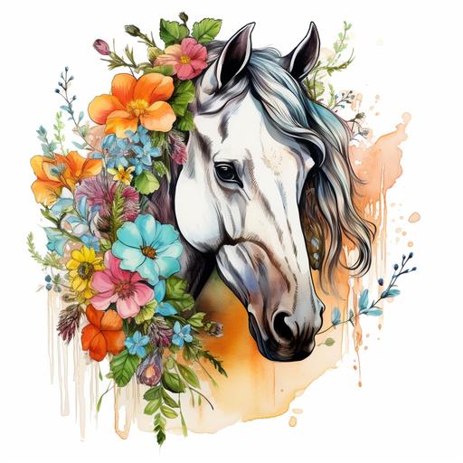 sketch with colorful watercolor of head and neck of beighe horse with colorful wild flowers at the base of the neck, no background