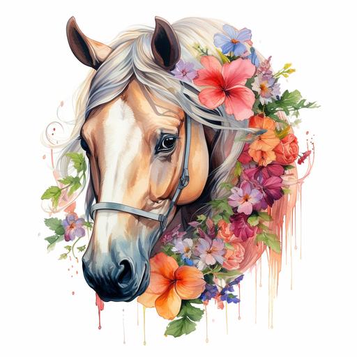 sketch with colorful watercolor of head and neck of beighe horse with colorful wild flowers at the base of the neck, no background