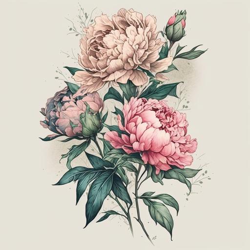 Tattoo sketch. three peonies with stems. A few leaves. Peonies have a dark pink color. One bud is open, and two buds are closed. The bouquet contains two branches of other flowers. A small bouquet. Small scale. Watercolor style