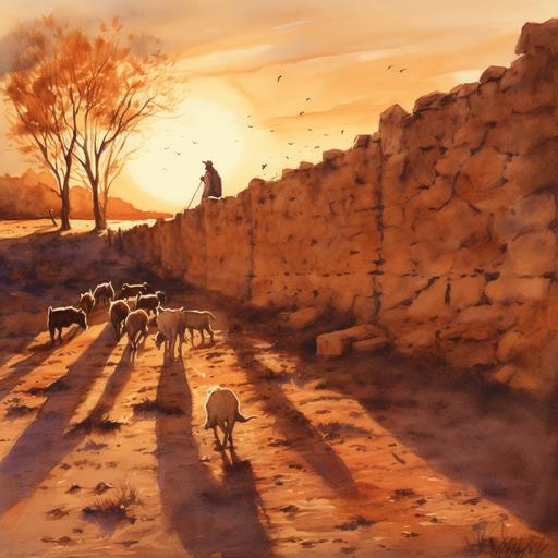 sketchy watercolor of shepherd shadows on mud wall. warm dusk lighting --c 12