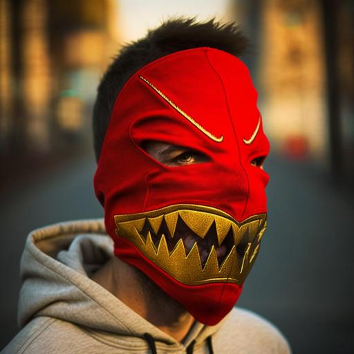 red skimask gold tooth like zipper hiphop style wear comics style --v 4