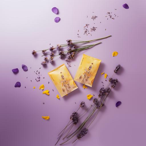 skincare aesthetics, two sheet mask rectangular packagings over a light purple table, diagonal view. minimalist. Mirror. Yellow flowers. Purple background.