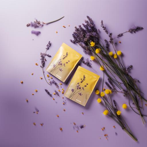skincare aesthetics, two sheet mask rectangular packagings over a light purple table, diagonal view. minimalist. Mirror. Yellow flowers. Purple background.