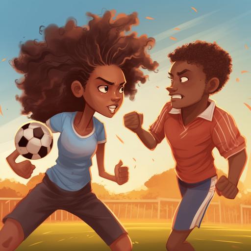 skinny dark brown teen girl with braids fighing brown teen male with curly afro on soccer field cartoon