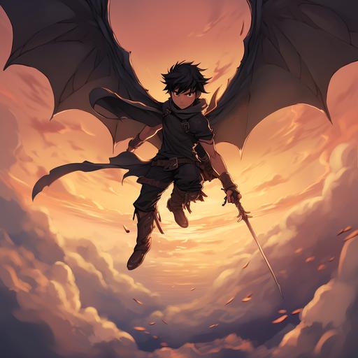skinny muscular guy flying through the sky with bat wings, Anime Style
