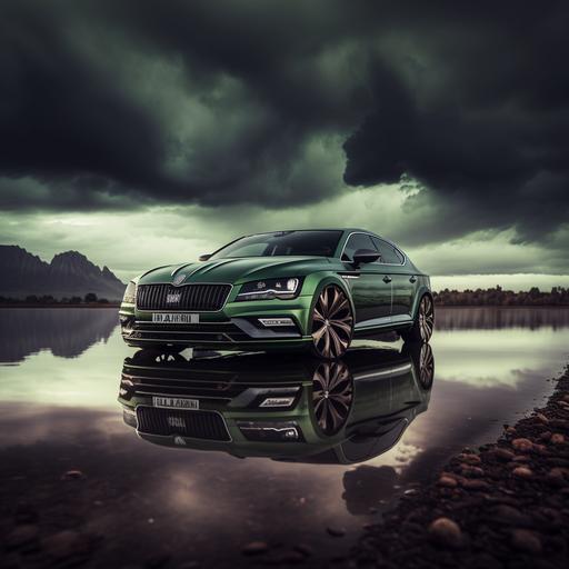 skoda superb mix with bentley continental gt, green mamba, standing on the road with water, reflection, close up, 8k,ultra realistic, cloudy sky, raining, wide angle shot --q 0.5 --s 750